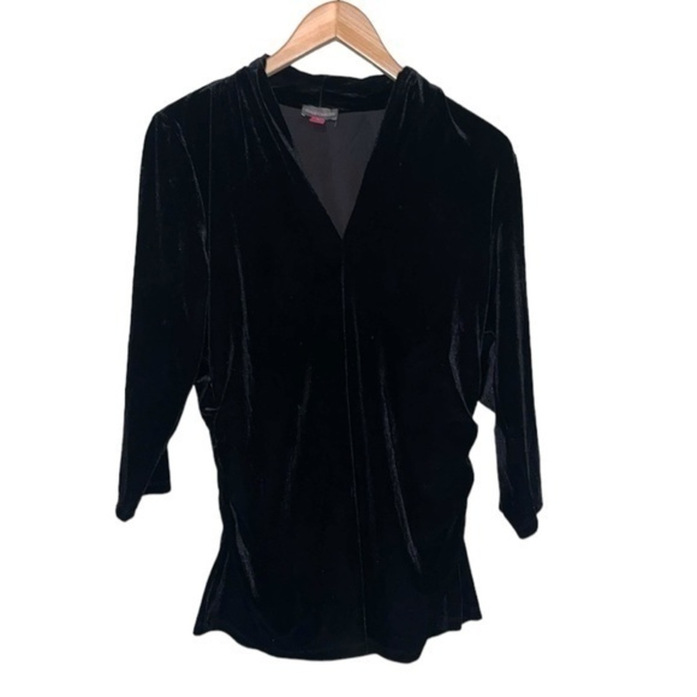 Vince Camuto V-Neck Velvet Blouse 1/4 Sleeves Black Ruched Sides Womens Large